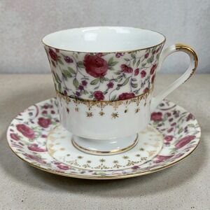 VTG Napcoware Floral Rose Porcelain Tea Cup Saucer Set Gold Trim Chintz E-4271